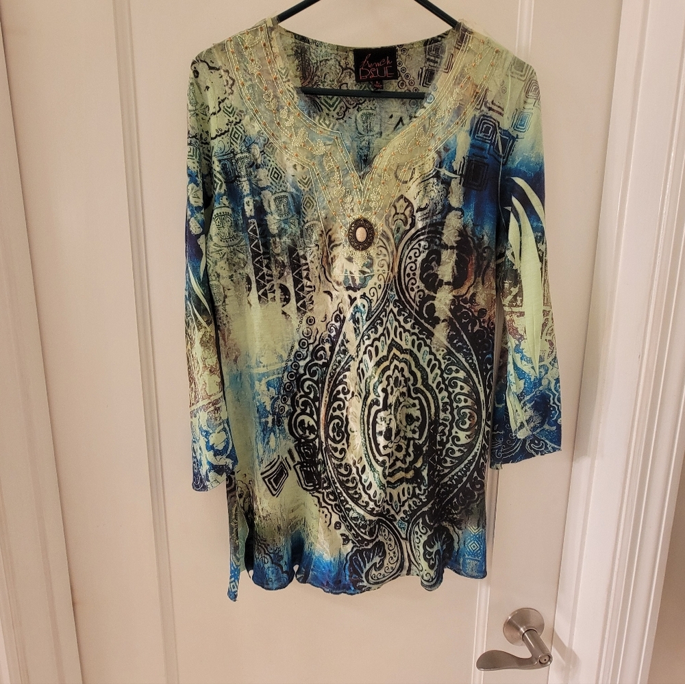 French Blue Multicolor Bohemian Tunic Top